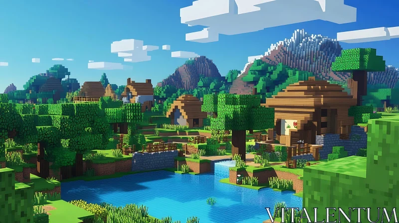 Serene Pixel Village Amidst Nature AI Image