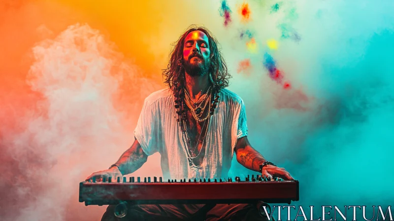 Musician Immersed in Colors Playing Keyboard AI Image