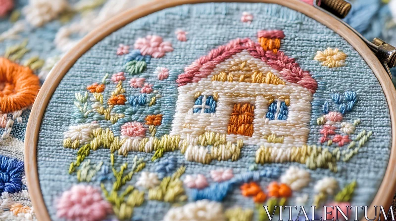 Artistic Needlework Featuring a Charming Cottage AI Image