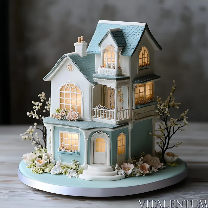 Intricate Mini House Cake with Glowing Windows AI Image