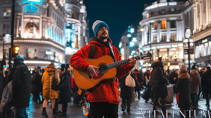 Street Guitarist Amidst Crowded City Lights AI Image