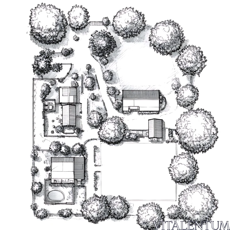 AI ART Blueprint of Detailed Landscape Design with Buildings and Pathways