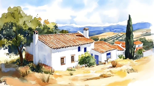 Serene Countryside House in Watercolor