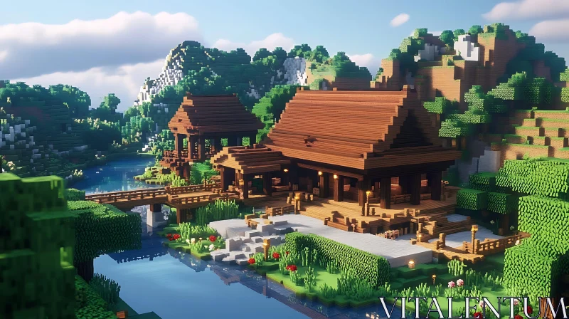 AI ART Riverside Wooden Cabins in a Minecraft Landscape