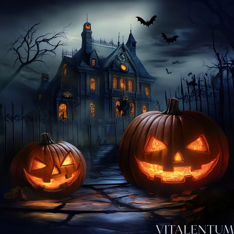 Spooky Halloween Scene with Haunted House and Pumpkins AI Image