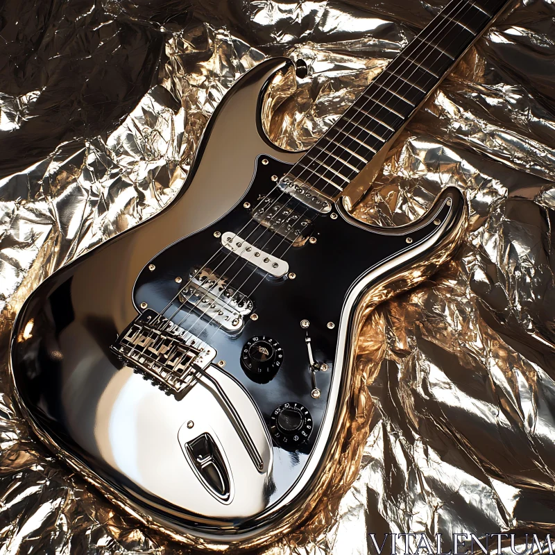 Shiny Chrome Electric Guitar on Reflective Background AI Image