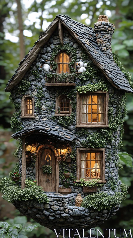 Fairy Tale Stone Cottage Surrounded by Nature AI Image