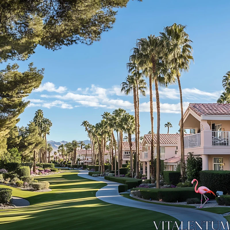 AI ART Peaceful Suburban Scene with Lush Gardens and Palm Trees