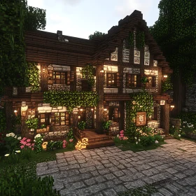 Picturesque Medieval House with Flowers and Ivy