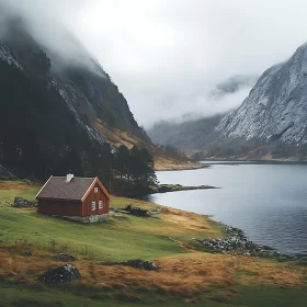 Serene Red Cabin Near Foggy Mountain Lake