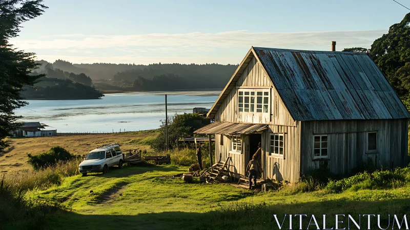 Picturesque Wooden Cabin by Lakeside in Countryside AI Image