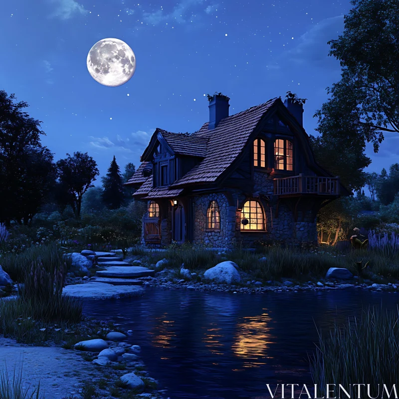 AI ART Enchanting Nighttime Scene of a Lit Stone Cottage