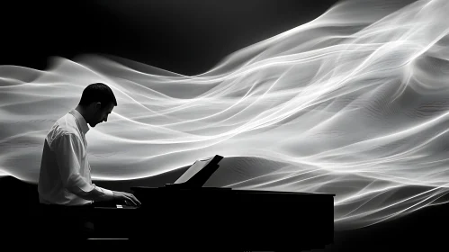 Monochrome Silhouette of Pianist with Flowing Waves