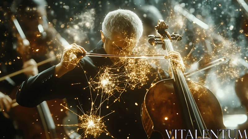 Musician Playing Cello in an Illuminated Orchestra AI Image