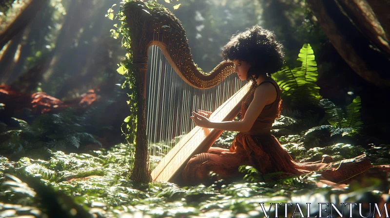 Serene Forest Harpist in Nature AI Image