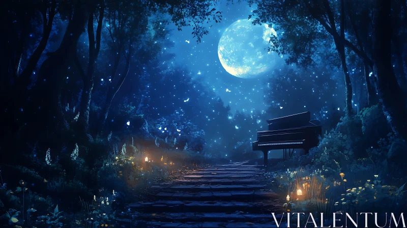 Mystical Moonlit Forest Walk with Piano AI Image