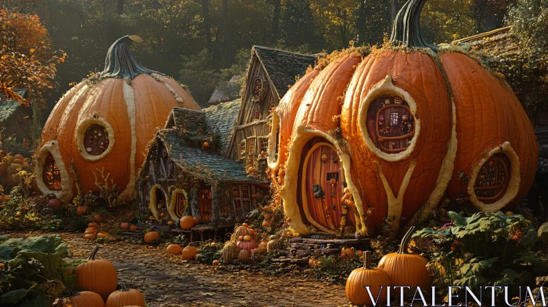 Fairy Tale Pumpkin House in Autumn Setting AI Image