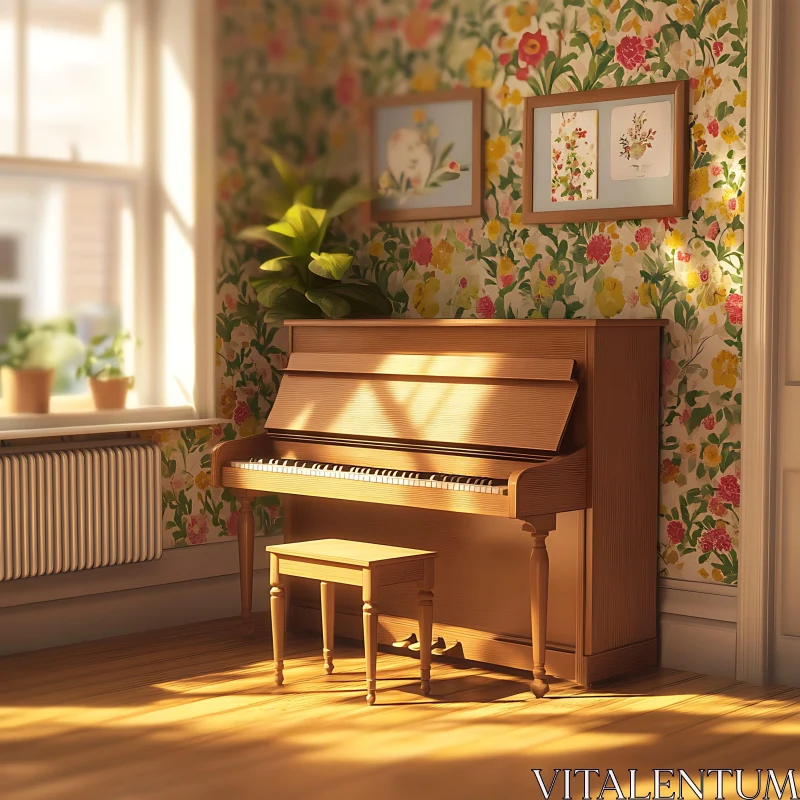 AI ART Sunlit Room Featuring a Wooden Piano