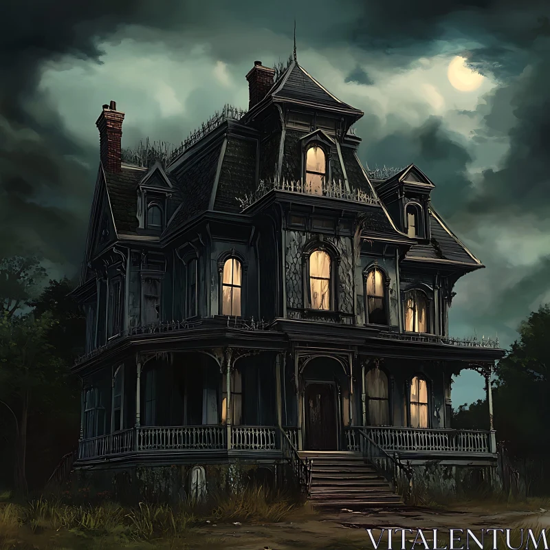 Eerie Gothic House with Warm Lights AI Image