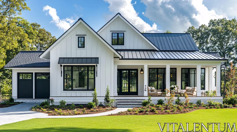 Elegant Modern Home with Black Roof and Large Porch AI Image