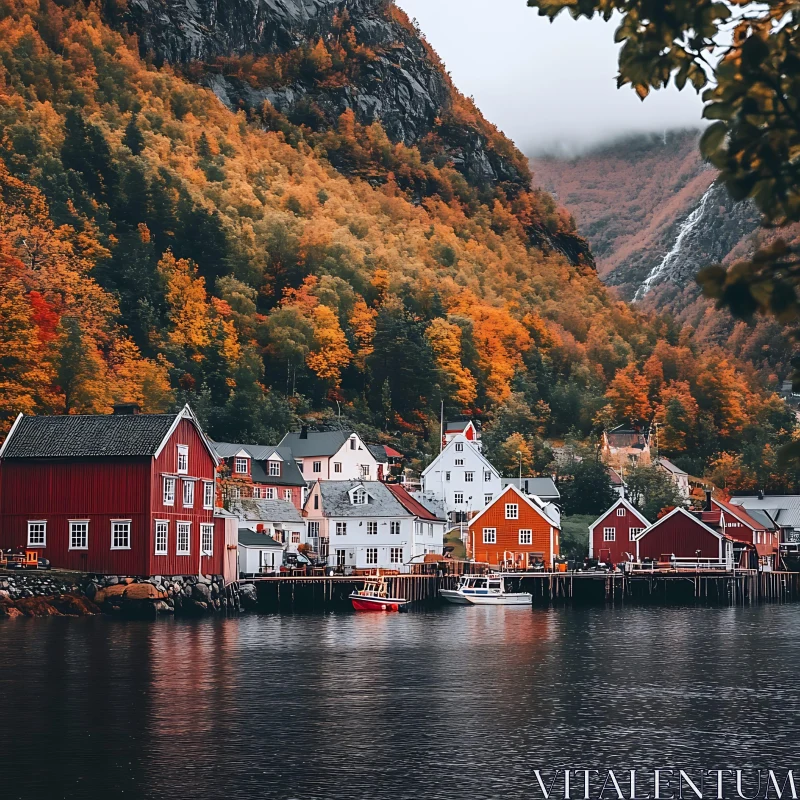 Colorful Lakeside Community in Autumn AI Image