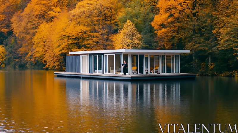 Contemporary Lake House in Autumn Setting AI Image