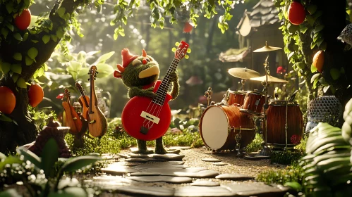 Fuzzy Creature and Musical Instruments in a Sunlit Forest