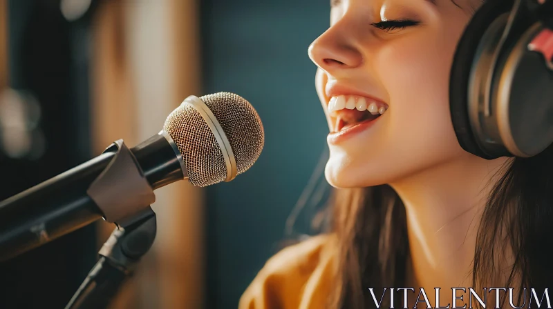 Joyful Female Singer with Microphone and Headphones AI Image