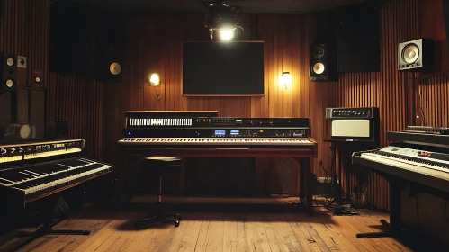 Electronic Keyboard Setup in Wooden Music Studio