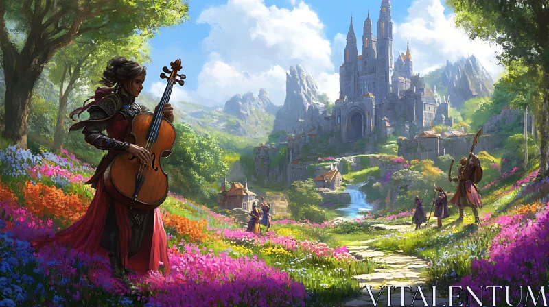 Medieval Musician in Vibrant Fantasy Landscape AI Image