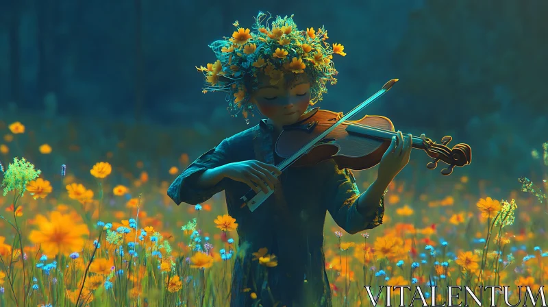 Violinist Surrounded by Flowers AI Image