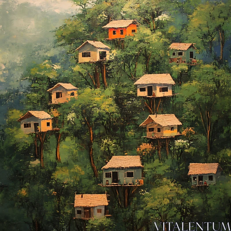 Colorful Treehouses Amid Foliage AI Image