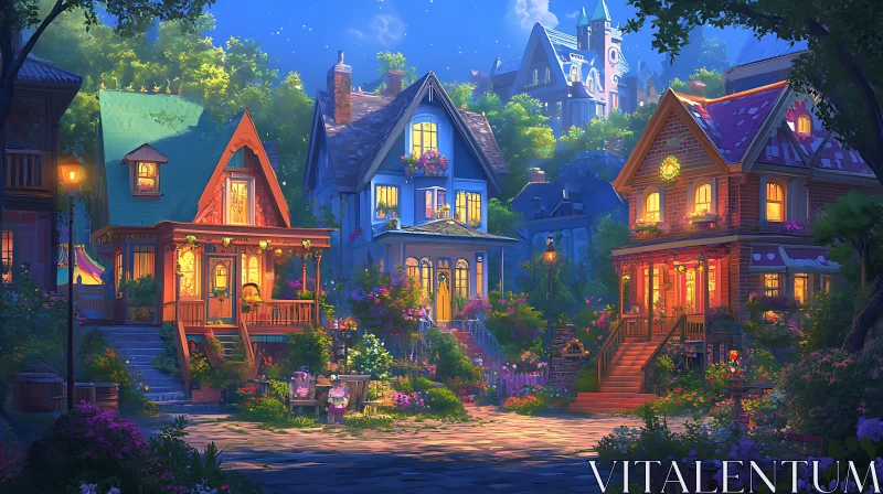 Nighttime Village with Cozy Cottages and Blooming Gardens AI Image