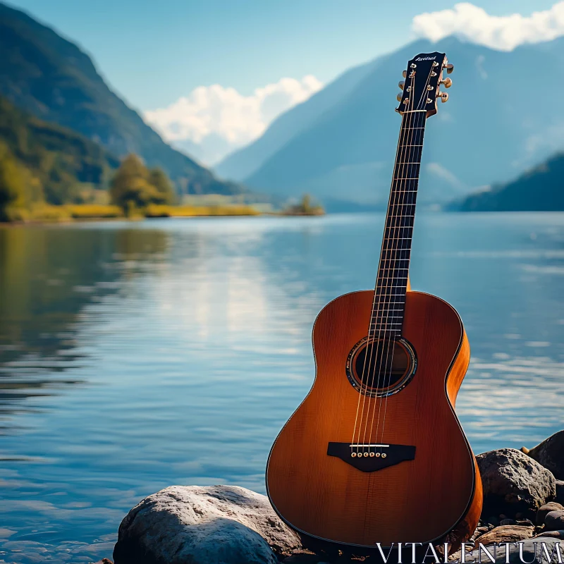 AI ART Guitar in Tranquil Natural Setting by the Lake