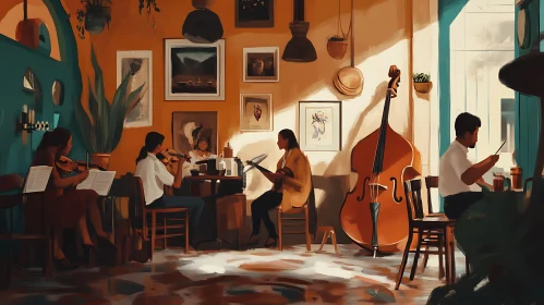 Musicians in a Sunlit Cafe