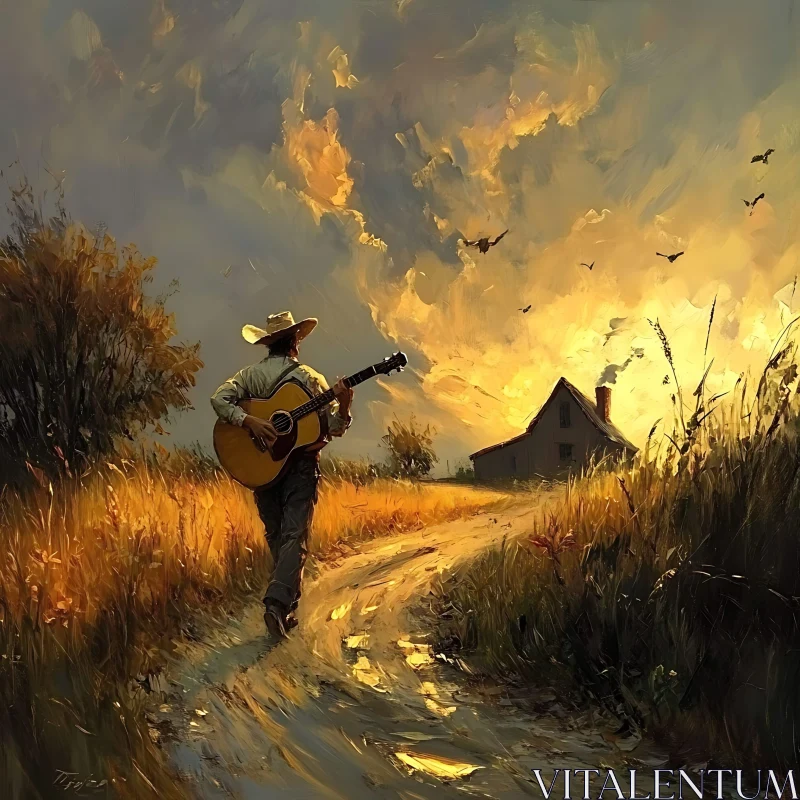 Musician Strolling Down Path to Cottage at Dusk AI Image