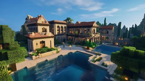 Pixelated Minecraft Villa beside Water