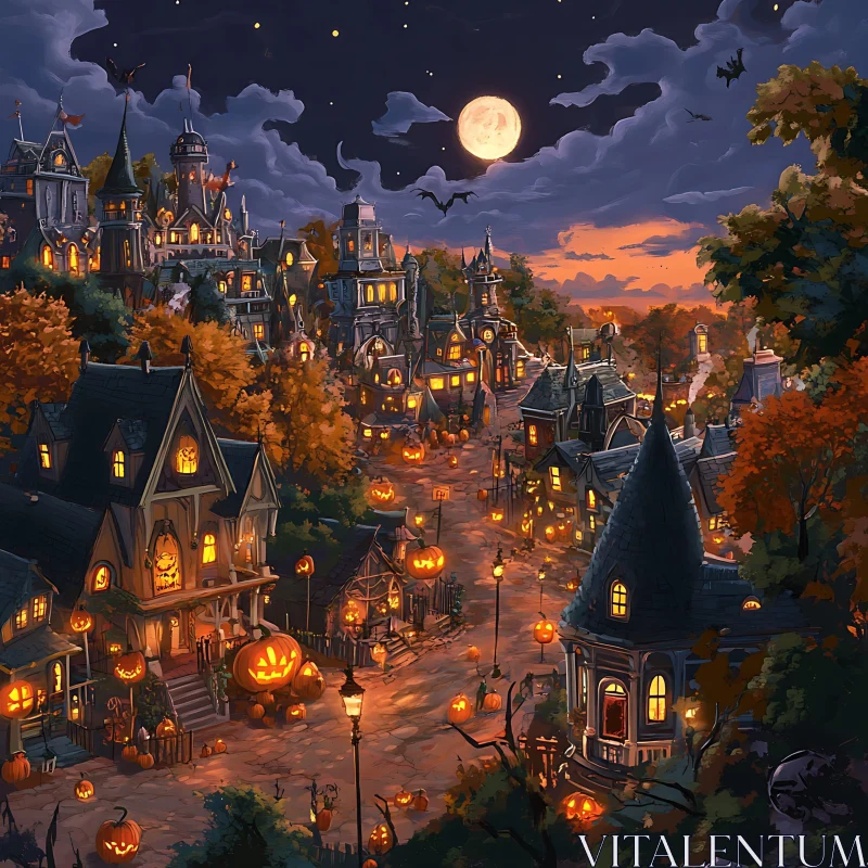 Spooky Village Scene on Halloween Night