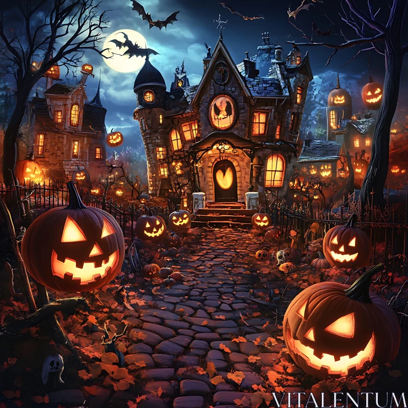 Haunting Halloween Scene with Pumpkins and Bats AI Image