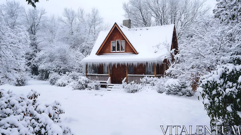 Winter Landscape with Snowy Cozy Cabin