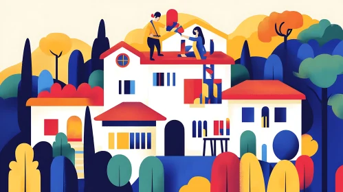 Stylized Colorful House in Dynamic Nature Surrounding