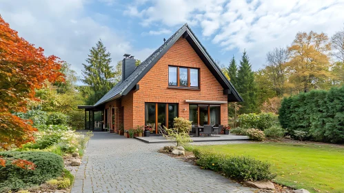 Modern Brick Home with Garden in Autumn