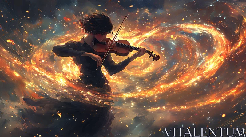 Fantasy Violinist Surrounded by Fiery Galaxy