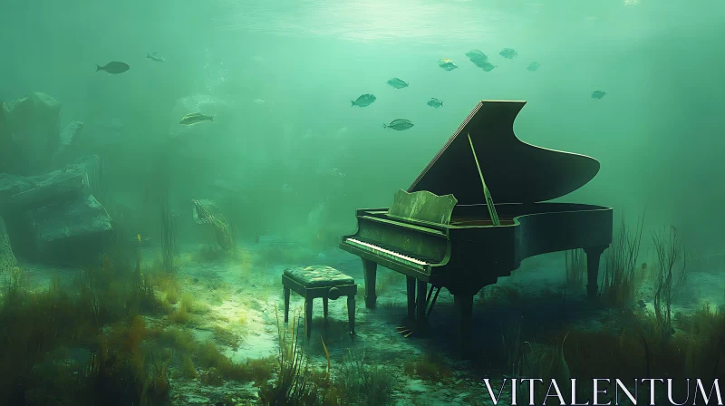 Surreal Underwater Piano with Fish
