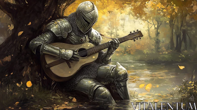 Armored Knight Playing Guitar by a Riverbank in Autumn