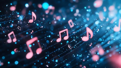 Illuminated Musical Notes in Blue and Pink Bokeh