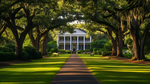 Grand Mansion with Tree-Lined Pathway