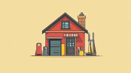 Colorful Cartoon House with Garage and Tools