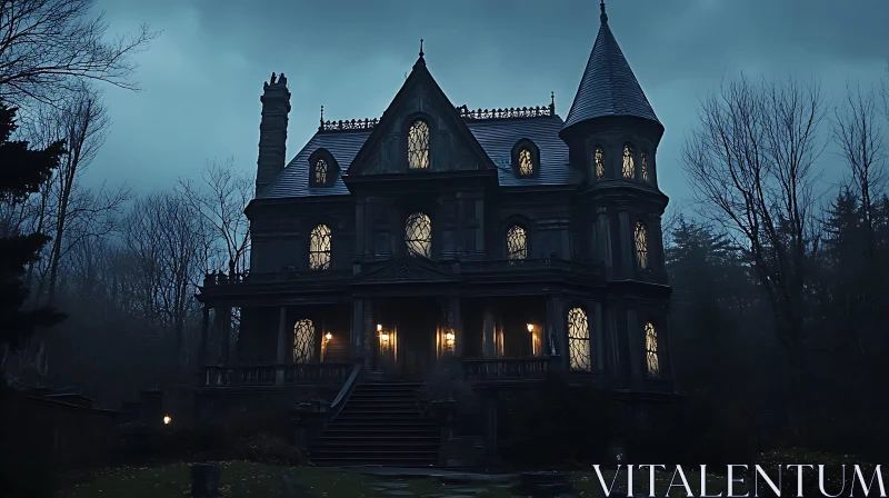 Enigmatic Gothic Mansion at Night AI Image