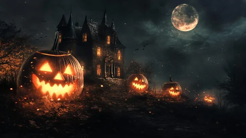 Spooky Haunted House with Glowing Pumpkins